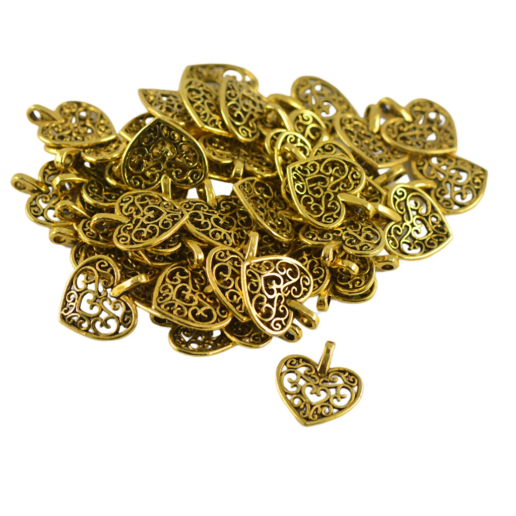 50 Pieces Vintage Gold Filigree Hollow Heart Pendant Charms Jewelry Making Findings DIY for ...