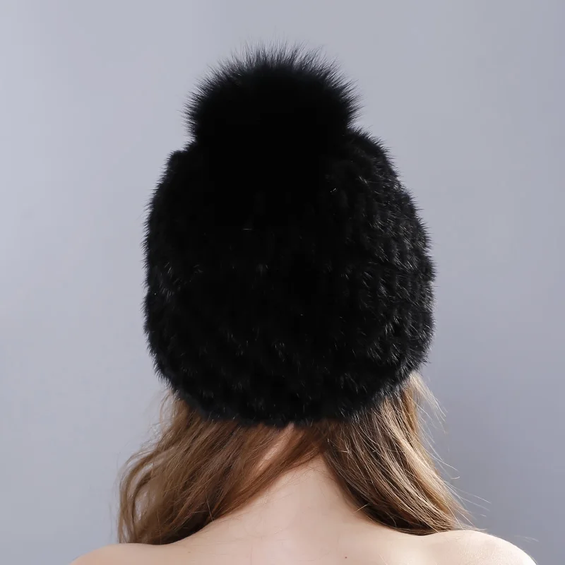 MPPM Russian Real mink fur hat for women winter knitted mink fur beanie cap fox fur pom pom hat new thick female cap 3