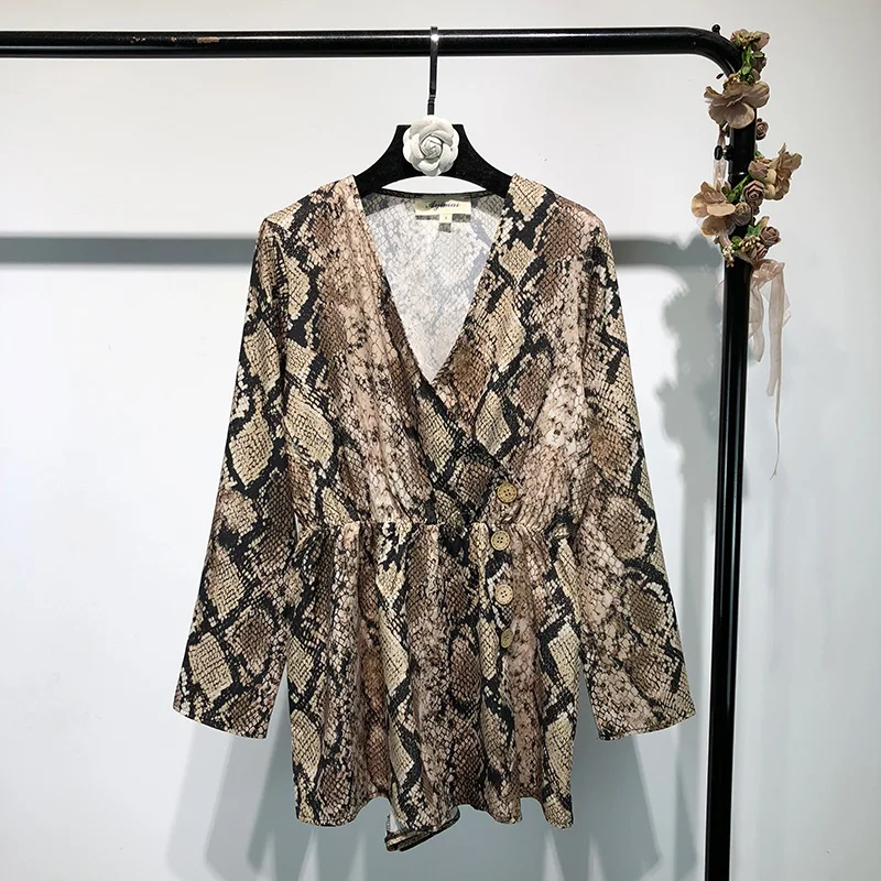 Глубокий v-образный вырез принт змеиной кожи Комбинезоны женские весеннее летнее пляжный отдых длинный рукав игровой костюм комбинация Femme женские комбинезоны