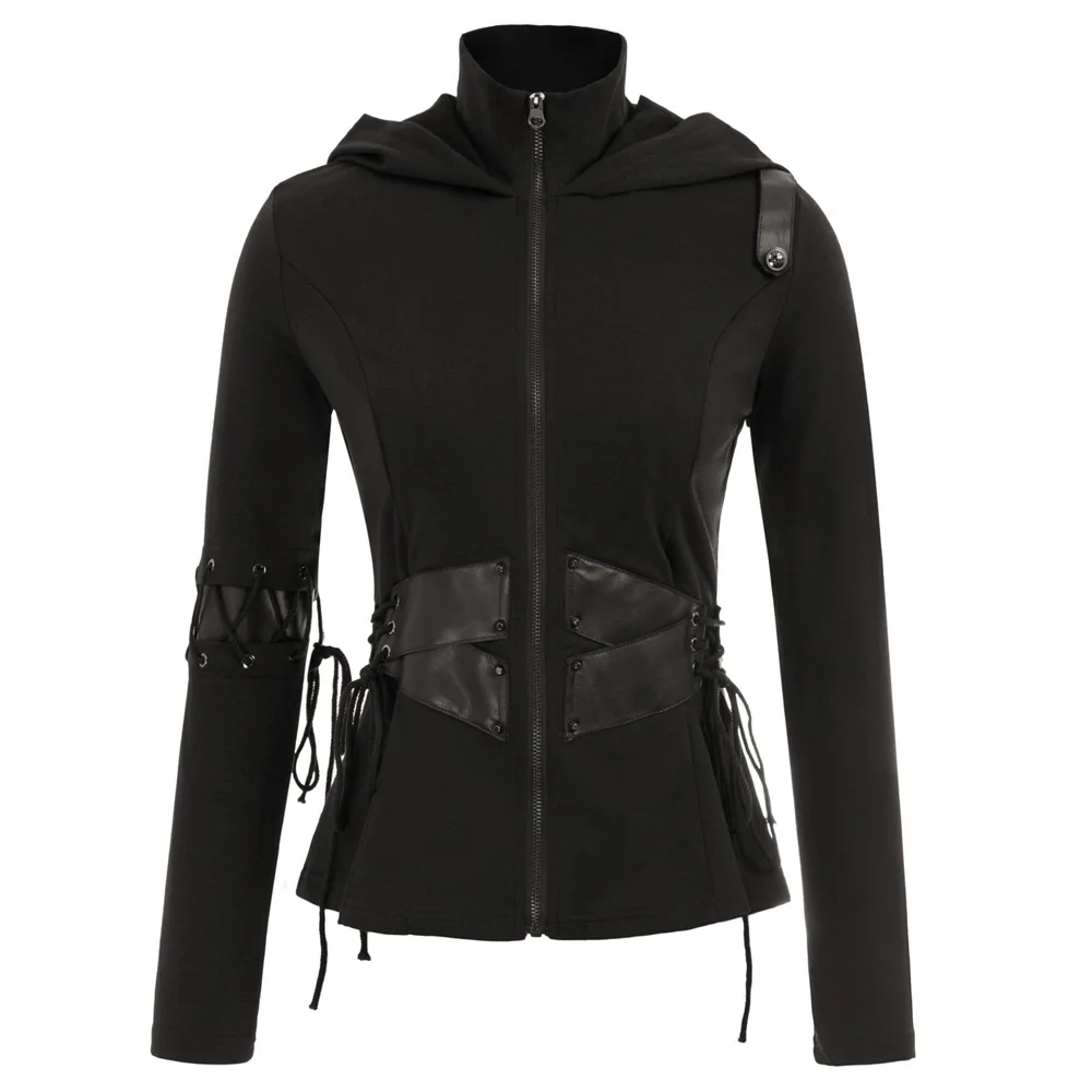 

Retro Jacket Tops PU Leather Turtle neck Womens Ladies Long sleeve Stand collar steampunk rock gothic coat party club wear