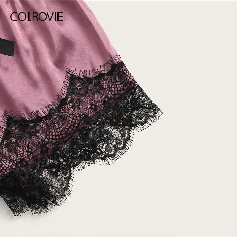 Женский Атласный пижамный комплект COLROVIE фиолетовый с шортами цветочным кружевом