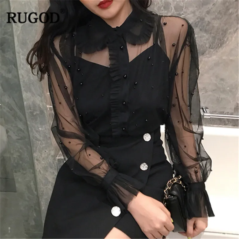 RUGOD 2019 прозрачные весенние женские топы и блузки с расклешенными рукавами