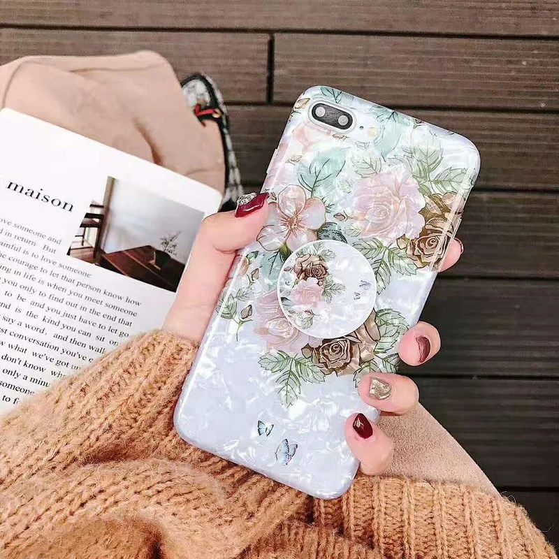 Fashion  Conch Shell Phone Case for iphone XS Max XR X 6 6S 7 8 Plus Back Cover Expanding Stand Holder Bracket Flower Case Coque (5)