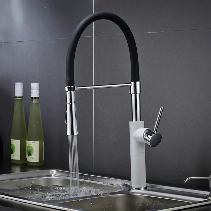 ROVATE Kitchen Faucets White Deck Mounted Single Hole Pull Down Sink Tap Cold & Hot Water Mixer Chrome Finnished