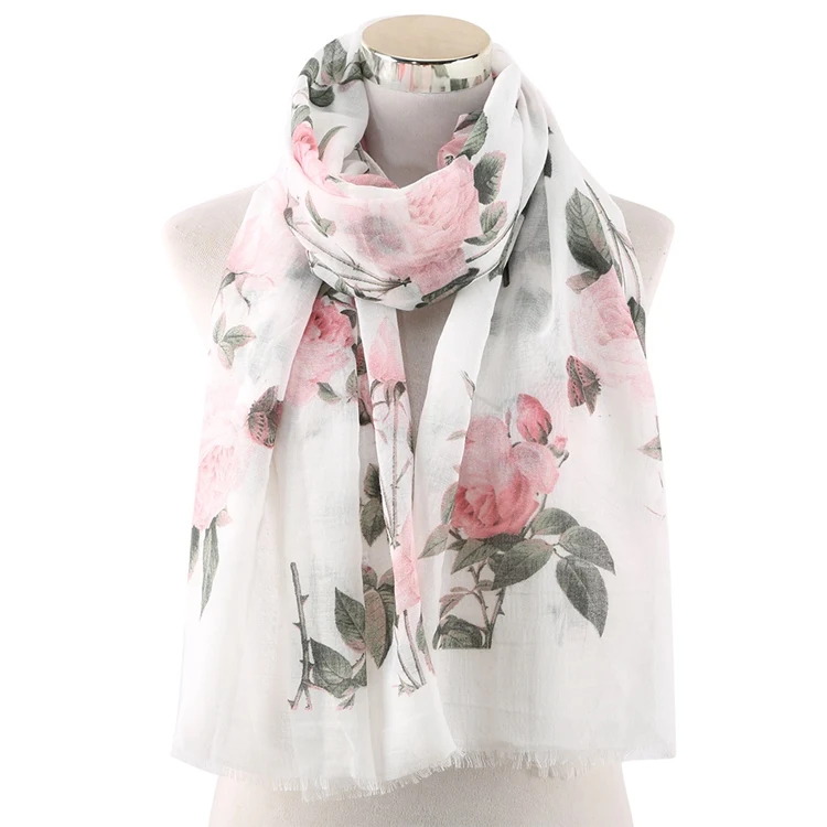 OLOME, модный белый цветочный шарф из вискозы, шаль, накидка с розами, розовые женские шарфы, палантины для женщин, хиджаб, платок - Цвет: Белый