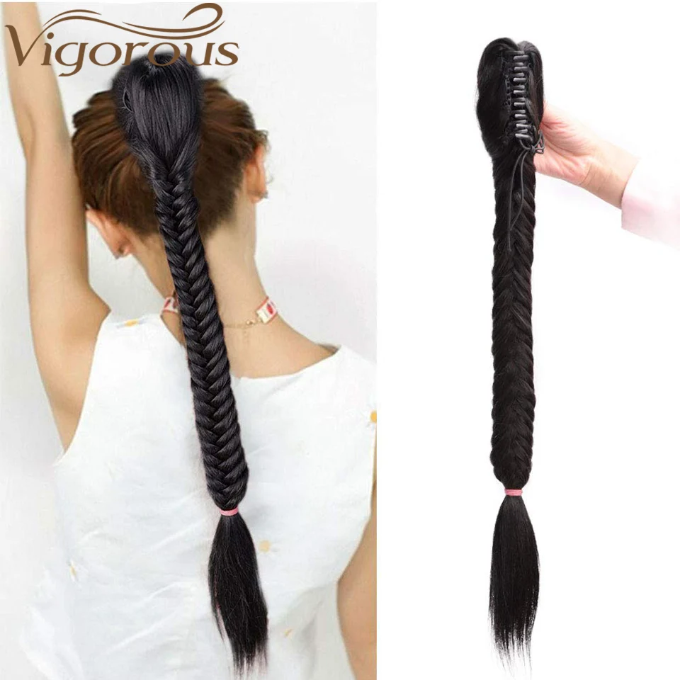 

Vigorous Long Fishtail Braids Ponytail Clip in Synthetic Hair Extensions Single Claw Jaw Braiding Ponytail Hairpiece Natural
