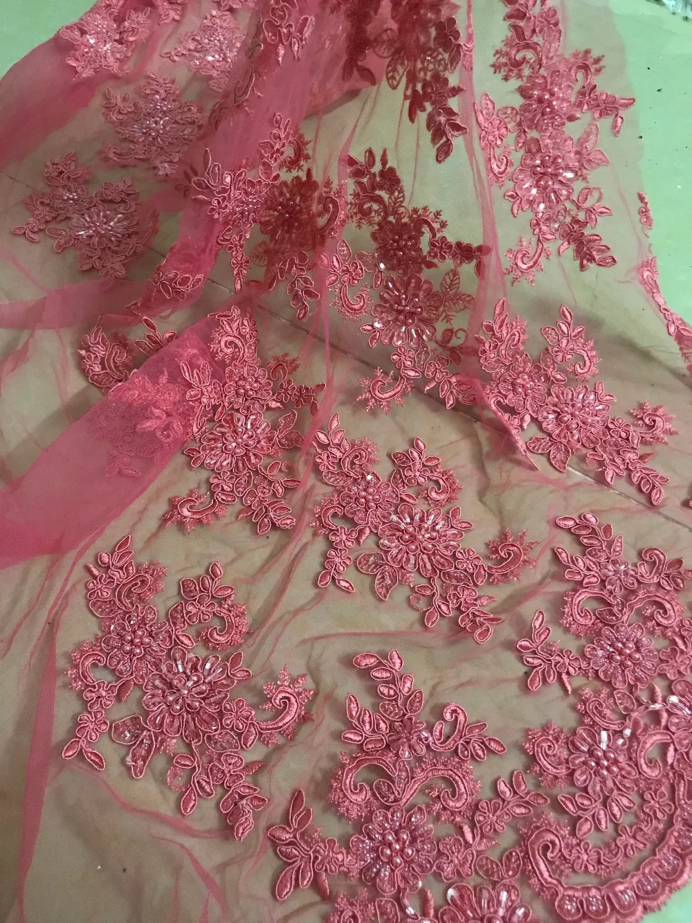

Latest arrival 5 yards new design African lace fabric ZH-4921 with beads for wedding dress