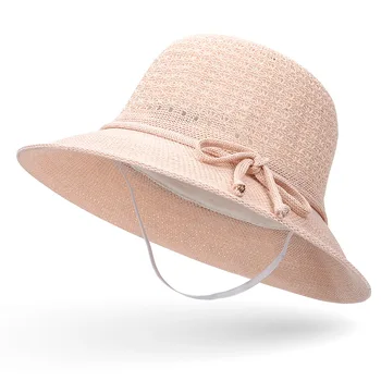 

Women's Campaniform Knit Sun Hat with Hollow crown Chin strap Sunscreen Beach Boonie Hat Elegant Summer Fedoras Tourism Anti-UV