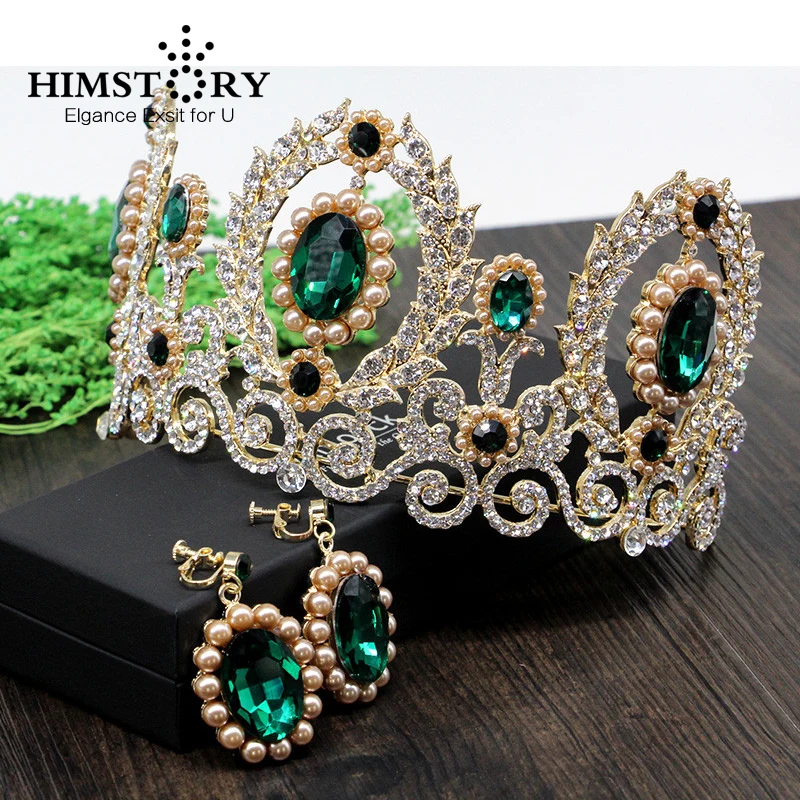 

HIMSTORY Luxurious Baroque Green Rhinestones Crown Queen Hair Ornaments Prom Jewelry Bridal Wedding Studio Accessories