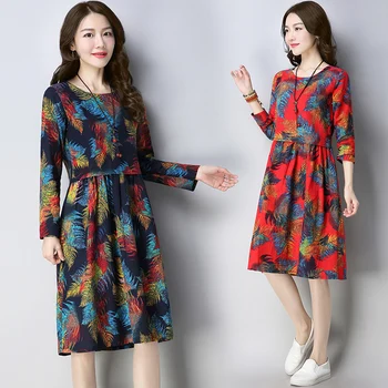 

New Autumn and Winter Traditional literature Long sleeves Cotton and Linen Woman National Wind Costume Printing Dress NY1881830