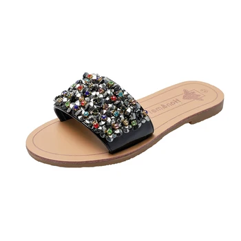 

Women's slippers summer fashion wear 2019 new Korean version water drill beaded one-word sandals flat sandals sandals