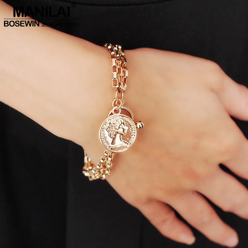 MANILAI, Модные металлические браслеты с подвесками в форме монет и браслетов для женщин, очаровательные, вечерние, подарки, ювелирные изделия, круговой кулон, браслеты