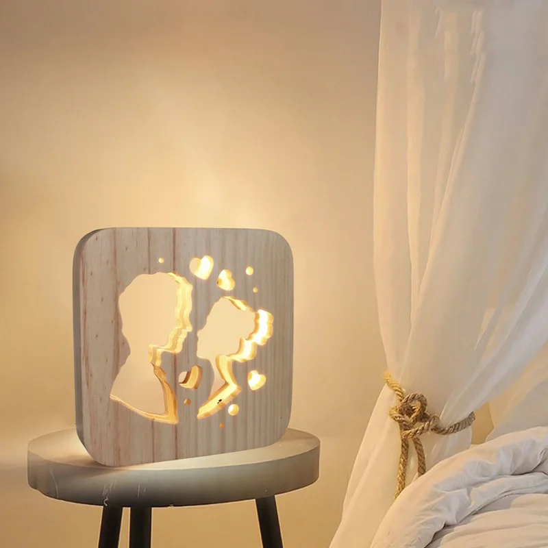 Wood LED Night Lighting 3D Visual Lamp Lover Heart Decor Nightlight I LOVE YOU USB Table Desk Lamp Bedroom LED Valentines Gift - Испускаемый цвет: B