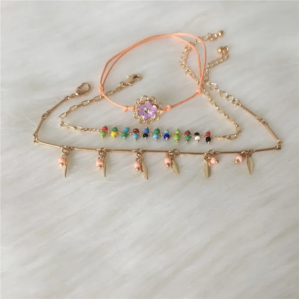 

Fashion jewelry gold color plating bead strand flower charm layered bracelet or anklet for women