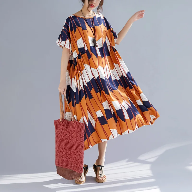 

Johnature 2019 New Korean Loose Women Summer Dress Geometric Print Hit Color Casual Short Sleeve Loose Dresses