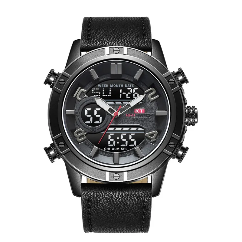 

KAT-WACH New Men Watch Japan Quartz Digital Dual Display Genuine Leather Strap Big 50 Meters Waterproof Sports Watches