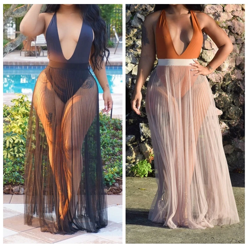 

2019 New See through beach long skirts sexy women bikini swimsuit cover ups swimwear bathing suit cover up