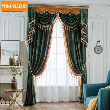 

Custom curtains European high-grade bay window solid velvet stitching thick cloth blackout curtain tulle valance drapes N785