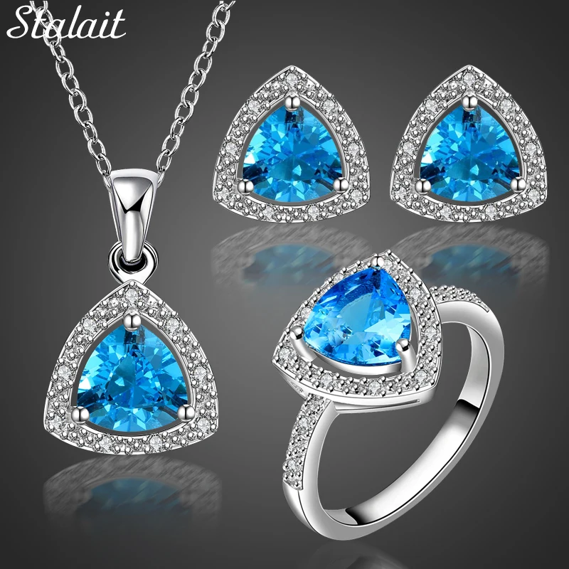 

Vintage Blue Crystal Ring Necklace and Earrings Cubic Zircon Women Wedding Jewelry Sets For Valentine's Day