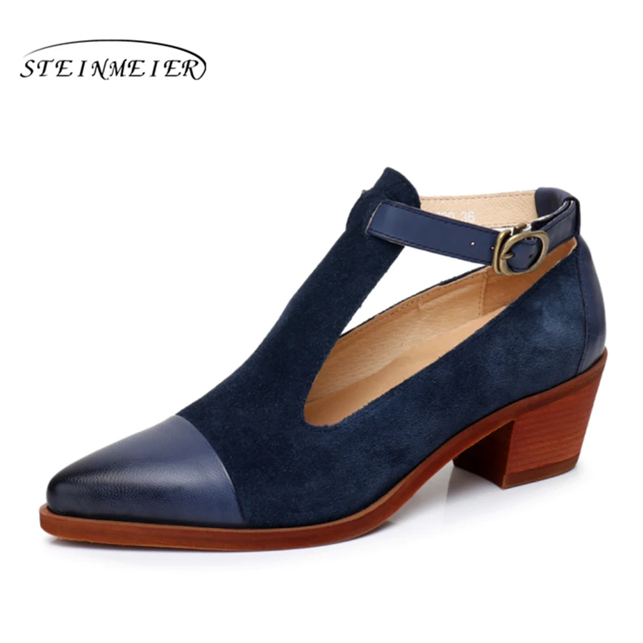 Натуральная кожа yinzo дизайнерские винтажные туфли лодочки, сандалии, обувь с острым носком ручной работы коричневые, синие, красные, женские туфли-оксфорды - Цвет: blue