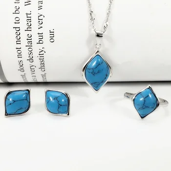 

Real Pure Sterling Silver 925 Jewelry Set Retro Vintage For Women With Natural Turquoise Gemstone Ethnic Jewelry