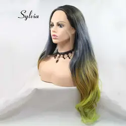 Sylvia длинные натуральные прямые парики для Для женщин волос черного до зеленого Ombre серый синтетический Синтетические волосы на кружеве