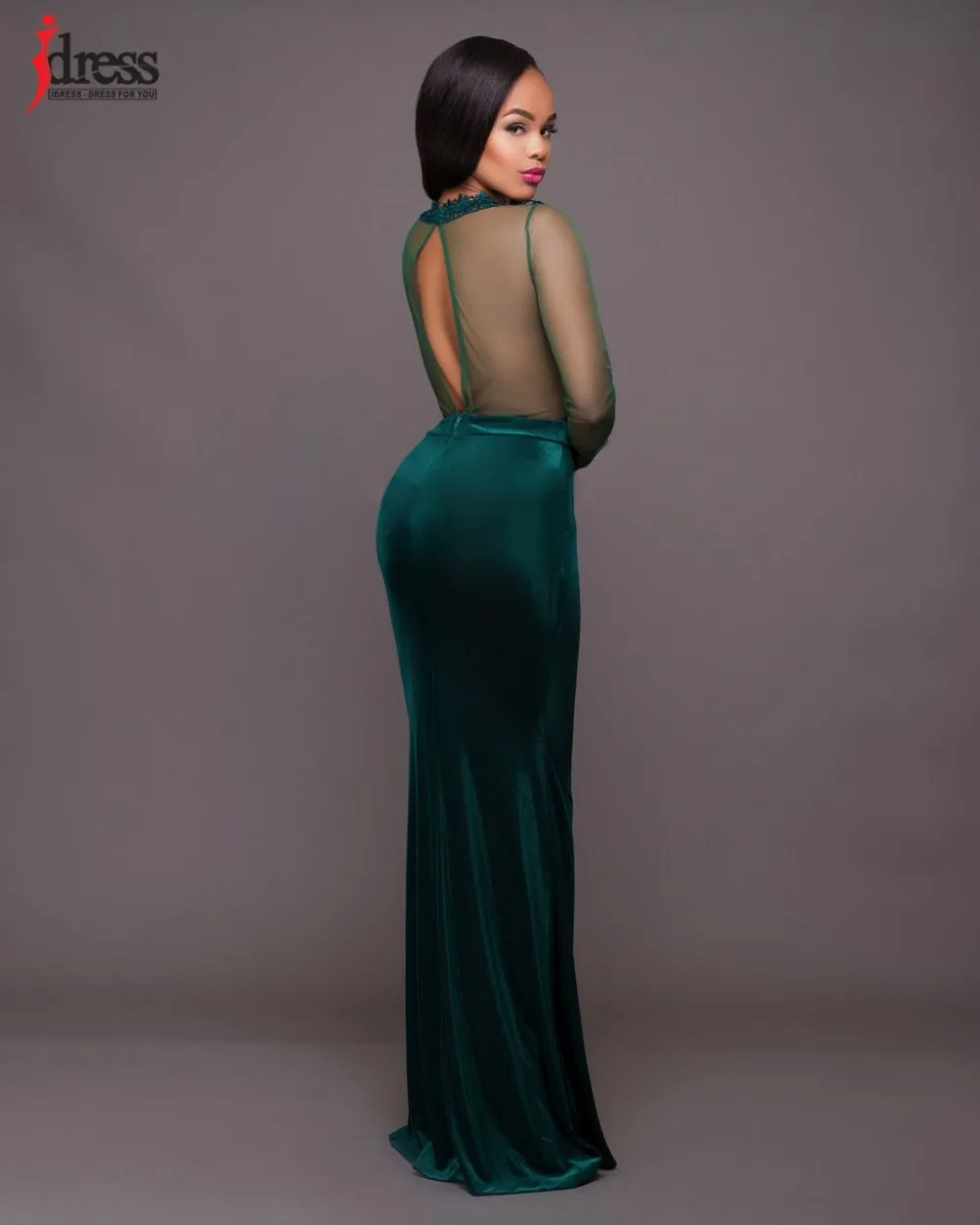 IDress High Quality Women Wine Red  Dark Green Sexy See Through Dress Women Club Party Evening Long Sleeve Velvet Maxi Dress (1)