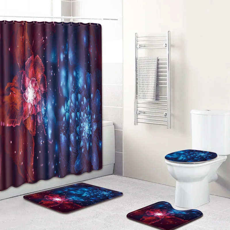 4 шт. Набор ковриков для ванной Противоскользящий коврик водонепроницаемый занавеска для душа 3D печать полиэстер занавеска для ванной комнаты s ковер для ванной комнаты
