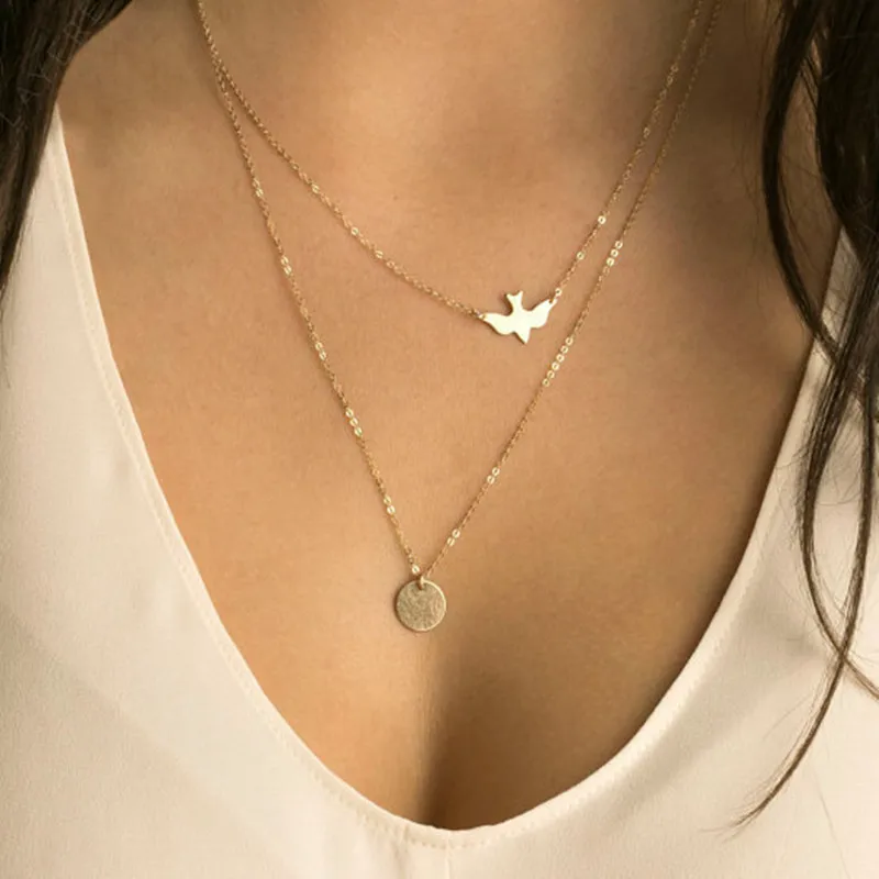 

NK123 Punk Multilayer Necklaces For Women Peace Pigeon Birds Collares Minimalist Jewelry Circle Dainty Pendant Necklace Gift