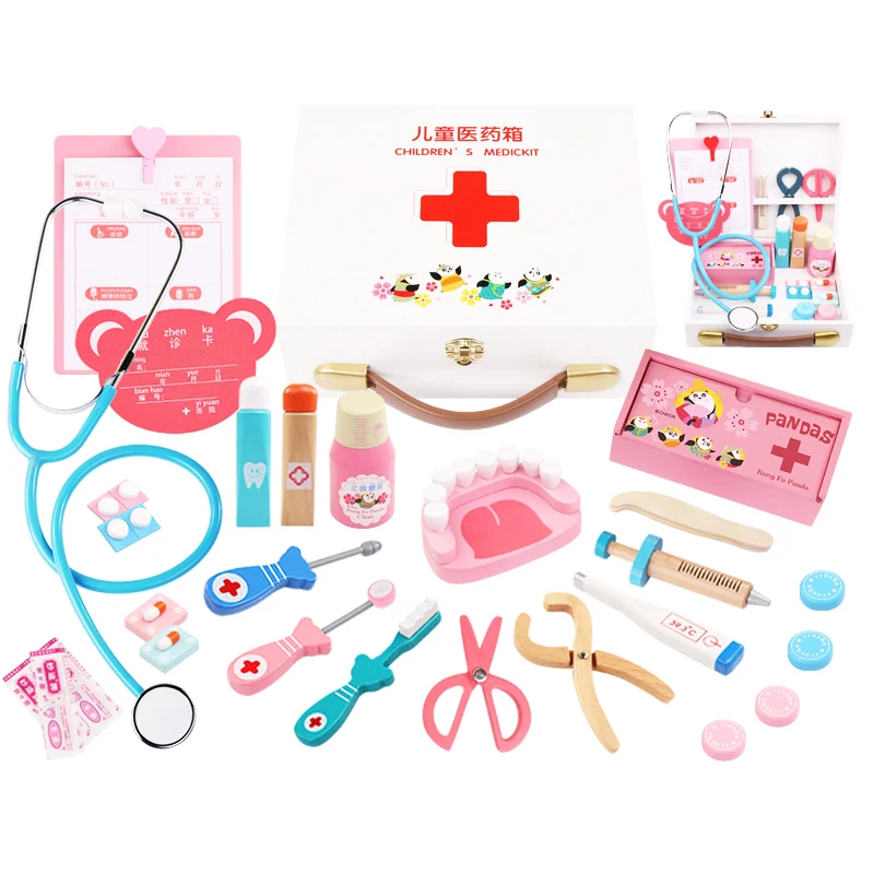 

AIBOULLY Children's doctor toy kit injection tool wooden simulation Real Life medicine box girl toys gifts home stethoscope