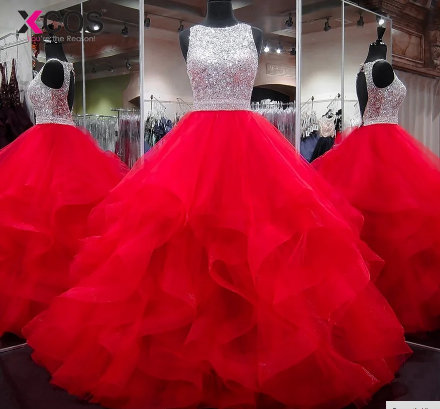 XCOS длинные платья для выпускного вечера великолепное бальное платье с глубоким вырезом, украшенные кристаллами длиною в пол длинное красное вечернее платье Vestido de Festa
