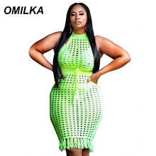 OMILKA Knitted Tassel Dress 2019 Summer Women Sleeveless Halter Open Back Lace Bodycon Bandage Midi Neon Green Club Party Dress purple lace details open back halter pajama dress with t back