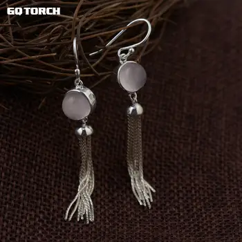 

Real 925 Sterling Silver Long Tassels Earrings For Women Inlaid Rose Quartz Natural Stone Drop Earrings Fine Jewelry