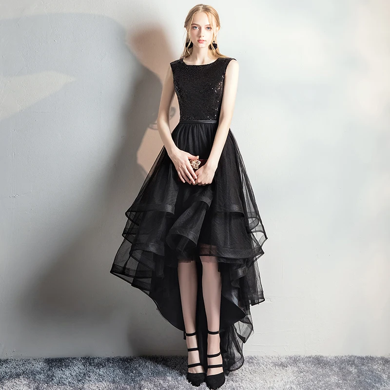 

Robe de soiree Black Elegant O-Neck Short Front Long Back Evening Dresses Sequined Banquet Party Prom Dress LF340