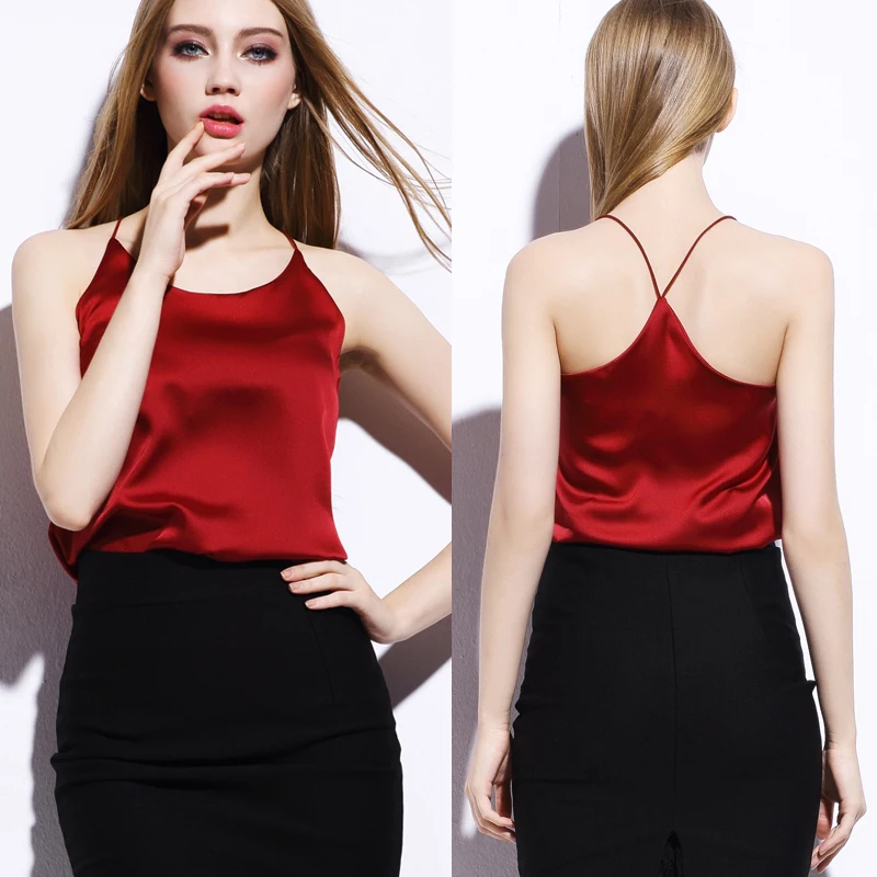 

2015 New High Grade Sexy Silk Blouse Back Cross Sling Vest Double Wear Womens Camisole Tops 5 Colors Plus Size S-3xl