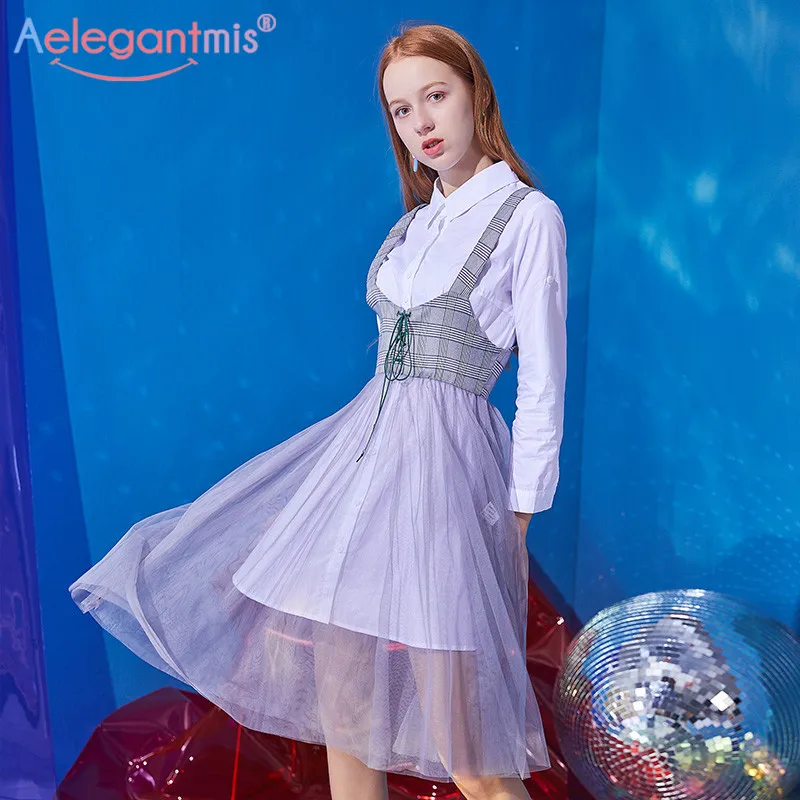 

Aelegantmis Fashion Mesh Long Sleeve Shirt Dress Women Turn-down Collar Casual Summer Beach Dresses Ladies Party Dress