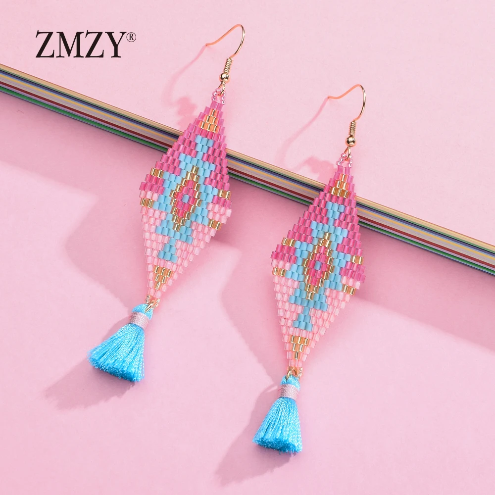 

ZMZY Handmade Geometric Gold Color Drop Earrings for Women Weave Ethnic Japan Seed Beads Earring Statement Dangling Jewelry