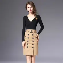 2016 Autumn Women’s Suits New V Collar Sexy Thin Sweater + Long Skirt 2 Piece Set Women Costumes for Women with A Skirt Suits