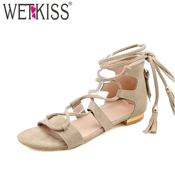 

WETKISS Summer Gladiator Girl Sandals Cross Tied Footwear Flat Sole Women Sandals Shoes Metal Decoration Tassel Open Toe Shoes