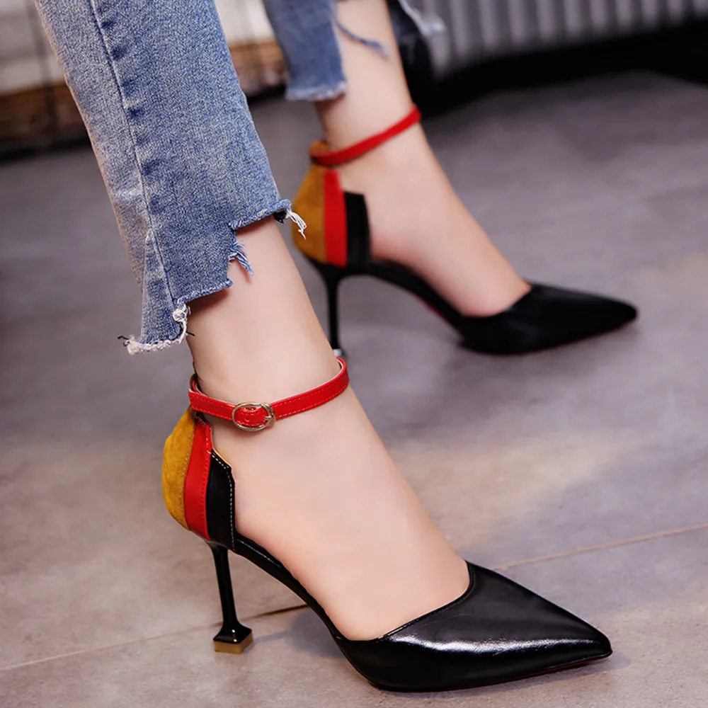 

Women's Fashion Thin black heels toes pumps Shoes Patchwork Ankle Strap High Heels hakken dames sandal talon haute