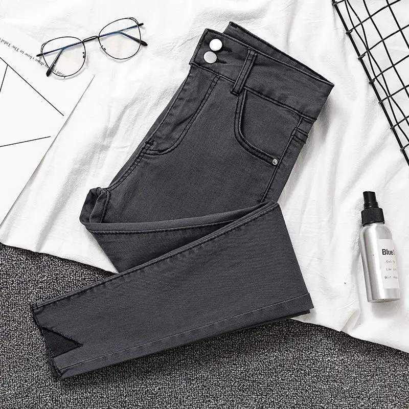 Винтажные женские джинсы с высокой талией эластичные большого размера женские облегающие джинсы повседневные уличные тонкие джинсы черные из денима женские s Q1244
