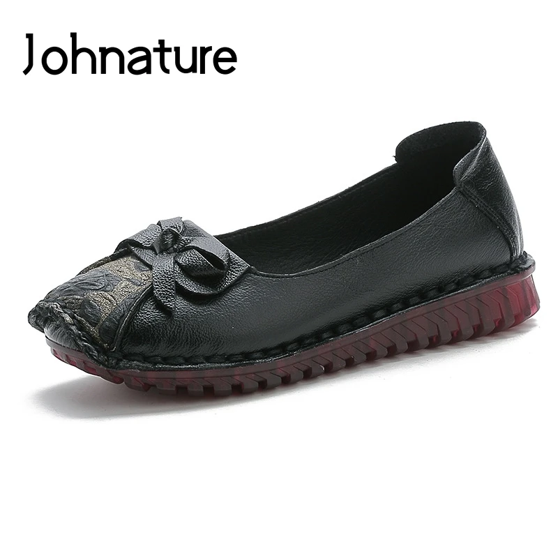 

Johnature 2019 New Spring Handmade Genuine Leather Round Toe Retro Shallow Solid Butterfly-knot Women Wedges Casual Shoes Pumps