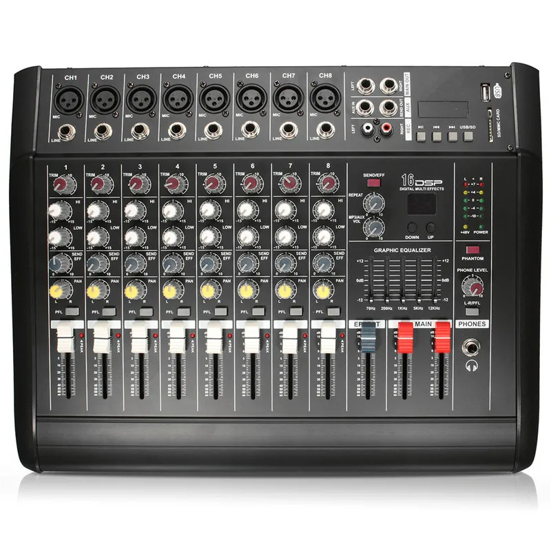 

8 Channel Digital Audio Mixer Console Karaoke Microphone Sound Mixing Amplifier Built-in 48V Phantom Power With USB Switch