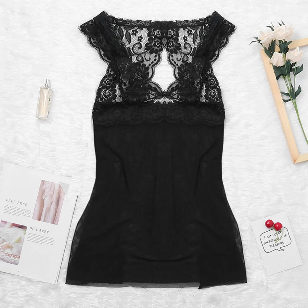 Женская пикантная кружевная Пижама, ночное белье из сетки с v-образным вырезом, Черное женское белье, сексуальное кружевное ночное белье с кружевной пеньюар и стринги 4EM