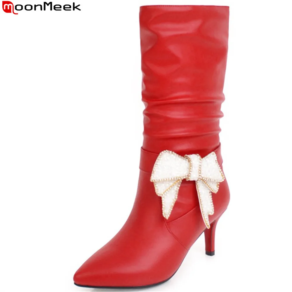 

MoonMeek black red white fashion women shoes pointed toe ladies boots pointed toe pu leather high heels mid calf boots big size