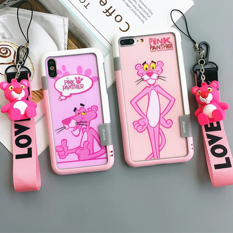 2pcs For iphone 7/8 plus Cute Pink panther tempered glass screen protector, front & back color film for X 6 6s, girl phone cover