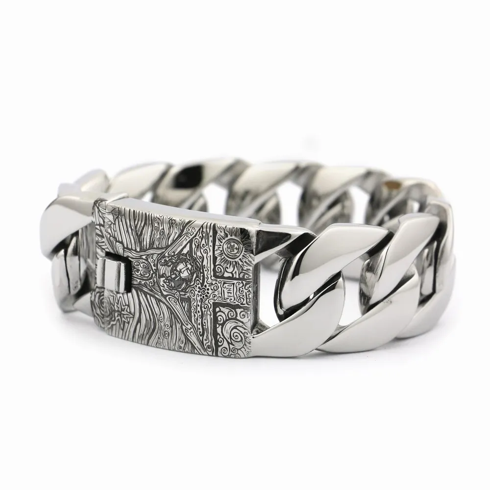 LINSION 6 длины глубокая гравировка 316L нержавеющая сталь Иисус Распятие Крест звено цепи мужские Байкер Браслет 5D201