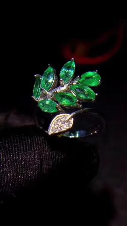 Uloveido огранка маркиз кольцо с натуральным изумрудом, 925 пробы серебро Дерево листьев дамы кольцо, регулируемый Драгоценное кольцо для Для