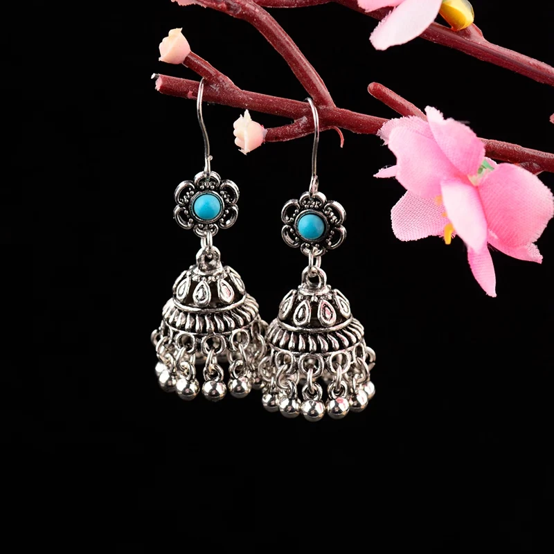 

TopHanqi Antique Ethnic India Jhumka Jhumki Earrings For Women Boho Sliver Color Hollow Flower Drop Earrings With Beads Jewelry