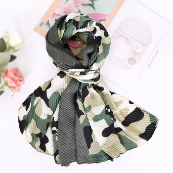

Camouflage Print Scarf Wrinkled Women's Hijab Islamic Shawl Pleat Wrap Cotton Linen Head Scarf Muslim Turban Headband 190x90cm